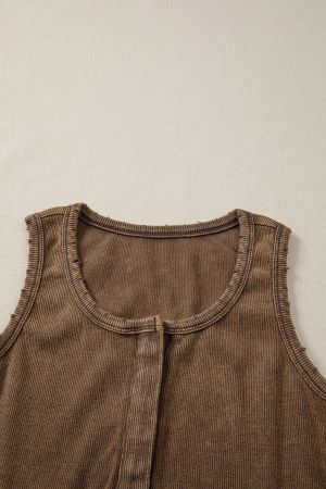 Women’s Brown Cotton Ribbed Tank Top with Button Detail
