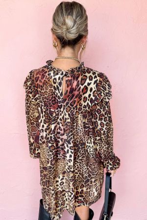 Дамска рокля с леопардов принт, дълъг ръкав и свободна кройка