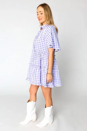 Women’s Purple and White Gingham Dress with Ruffles and Short Sleeves