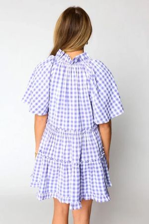 Women’s Purple and White Gingham Dress with Ruffles and Short Sleeves