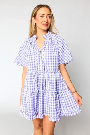 Women’s Purple and White Gingham Dress with Ruffles and Short Sleeves