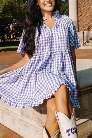 Women’s Purple and White Gingham Dress with Ruffles and Short Sleeves