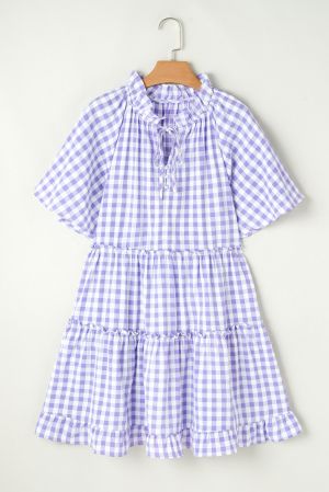 Women’s Purple and White Gingham Dress with Ruffles and Short Sleeves