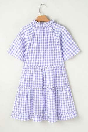 Women’s Purple and White Gingham Dress with Ruffles and Short Sleeves