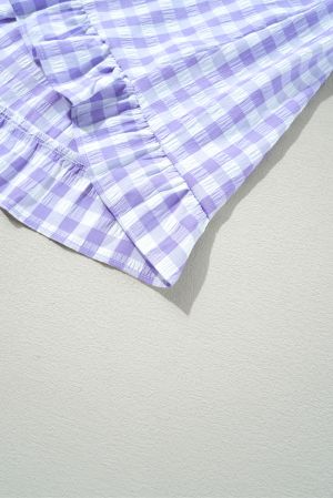 Women’s Purple and White Gingham Dress with Ruffles and Short Sleeves
