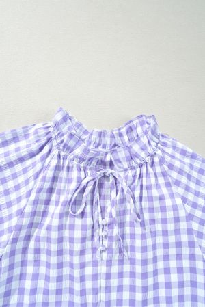 Women’s Purple and White Gingham Dress with Ruffles and Short Sleeves