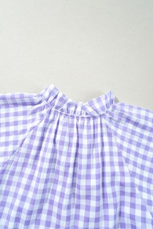 Women’s Purple and White Gingham Dress with Ruffles and Short Sleeves