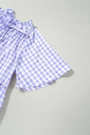 Women’s Purple and White Gingham Dress with Ruffles and Short Sleeves