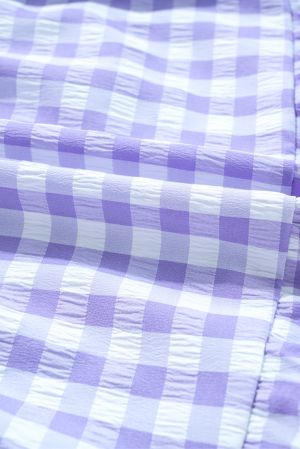 Women’s Purple and White Gingham Dress with Ruffles and Short Sleeves