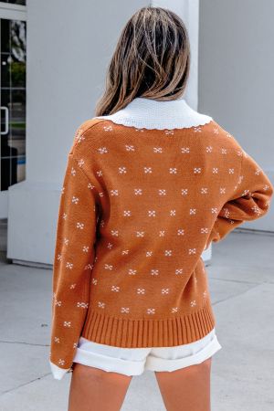 Women’s Orange Knit Cardigan with White Collar and Pattern