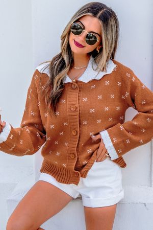 Women’s Orange Knit Cardigan with White Collar and Pattern