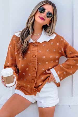 Women’s Orange Knit Cardigan with White Collar and Pattern