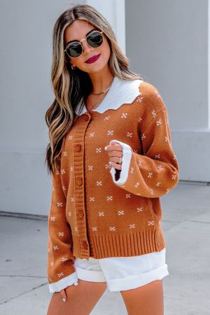 Women’s Orange Knit Cardigan with White Collar and Pattern