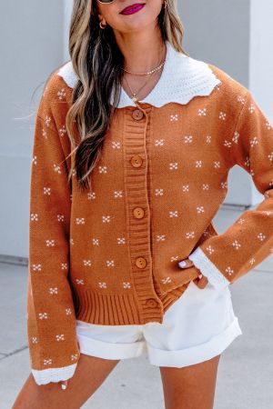 Women’s Orange Knit Cardigan with White Collar and Pattern