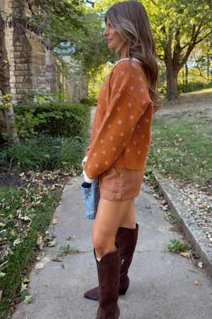 Women’s Orange Knit Cardigan with White Collar and Pattern