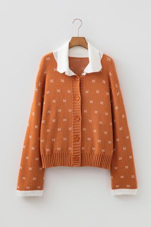 Women’s Orange Knit Cardigan with White Collar and Pattern