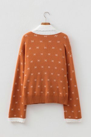 Women’s Orange Knit Cardigan with White Collar and Pattern