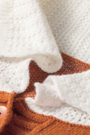 Women’s Orange Knit Cardigan with White Collar and Pattern