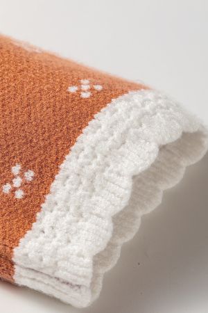 Women’s Orange Knit Cardigan with White Collar and Pattern
