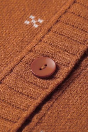 Women’s Orange Knit Cardigan with White Collar and Pattern