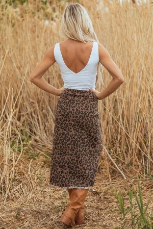 Women’s Leopard Print Midi Skirt with Front Slit