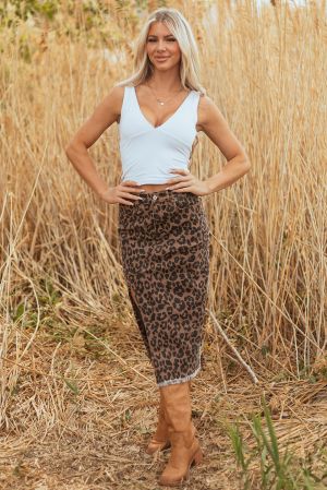 Women’s Leopard Print Midi Skirt with Front Slit
