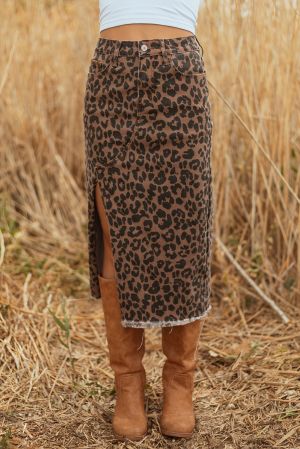 Women’s Leopard Print Midi Skirt with Front Slit