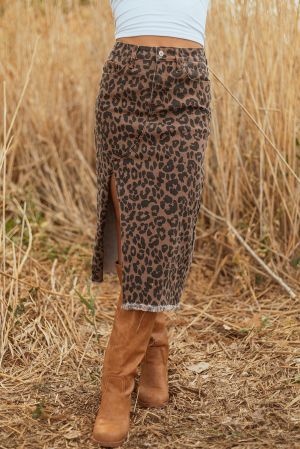 Women’s Leopard Print Midi Skirt with Front Slit