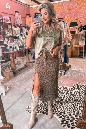 Women’s Leopard Print Midi Skirt with Front Slit