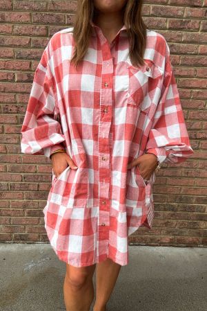 Women’s Cotton Shirt Dress with Plaid Pattern