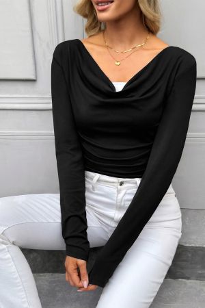 Women’s Elegant Blouse with Draped Neckline and Long Sleeves