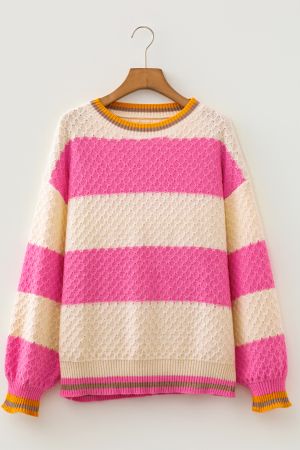 Women’s Cream and Pink Striped Knitted Sweater