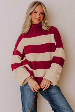 Women’s Knitted Sweater with High Neck and Contrast Stripes