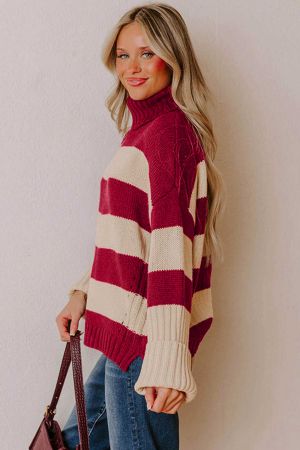Women’s Knitted Sweater with High Neck and Contrast Stripes