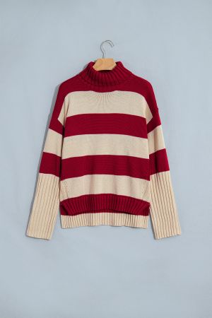 Women’s Knitted Sweater with High Neck and Contrast Stripes