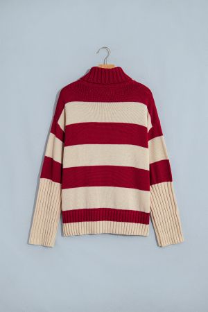 Women’s Knitted Sweater with High Neck and Contrast Stripes