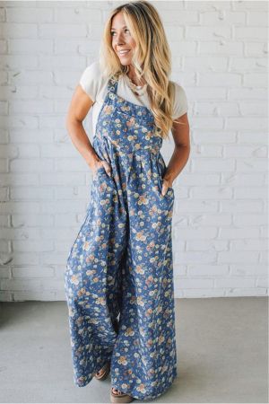 Women’s Long Denim Jumpsuit with Floral Print