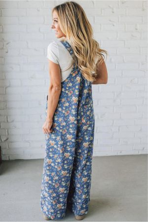 Women’s Long Denim Jumpsuit with Floral Print