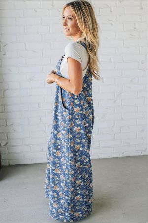 Women’s Long Denim Jumpsuit with Floral Print