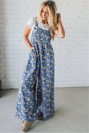 Women’s Long Denim Jumpsuit with Floral Print