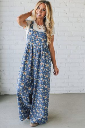 Women’s Long Denim Jumpsuit with Floral Print