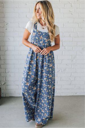 Women’s Long Denim Jumpsuit with Floral Print