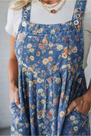 Women’s Long Denim Jumpsuit with Floral Print