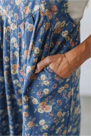 Women’s Long Denim Jumpsuit with Floral Print