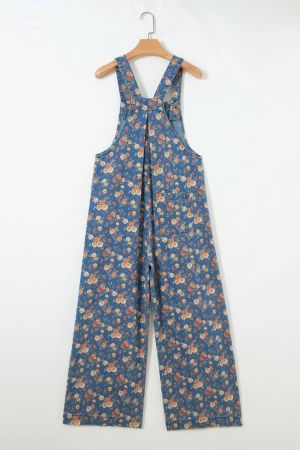 Women’s Long Denim Jumpsuit with Floral Print