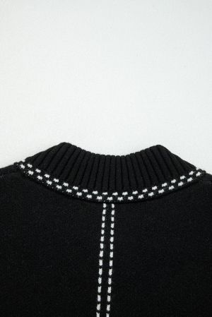 Women’s Black Button Cardigan with Contrast Stitching
