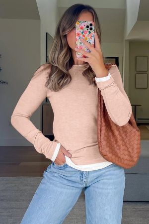 Women’s Beige Long Sleeve Top with White Contrast Details