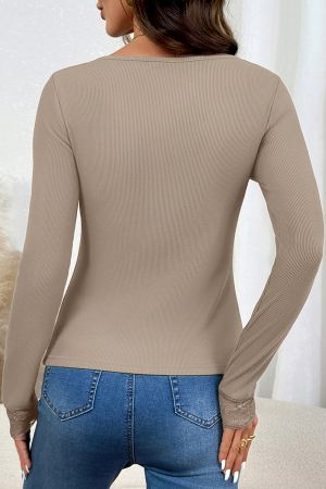 Women’s Beige Ribbed Blouse with Lace Details