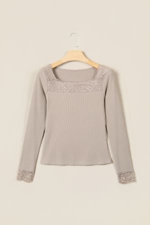 Women’s Beige Ribbed Blouse with Lace Details