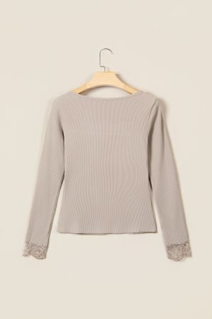 Women’s Beige Ribbed Blouse with Lace Details